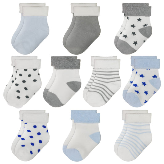 TRAMLE Baby Boys Socks Thick Terry Socks, 10 pairs (0-3years old) for Newborn Boys Girls,Cute Warm Ankle Crew Socks Set 0-6 Months Grey+Blue