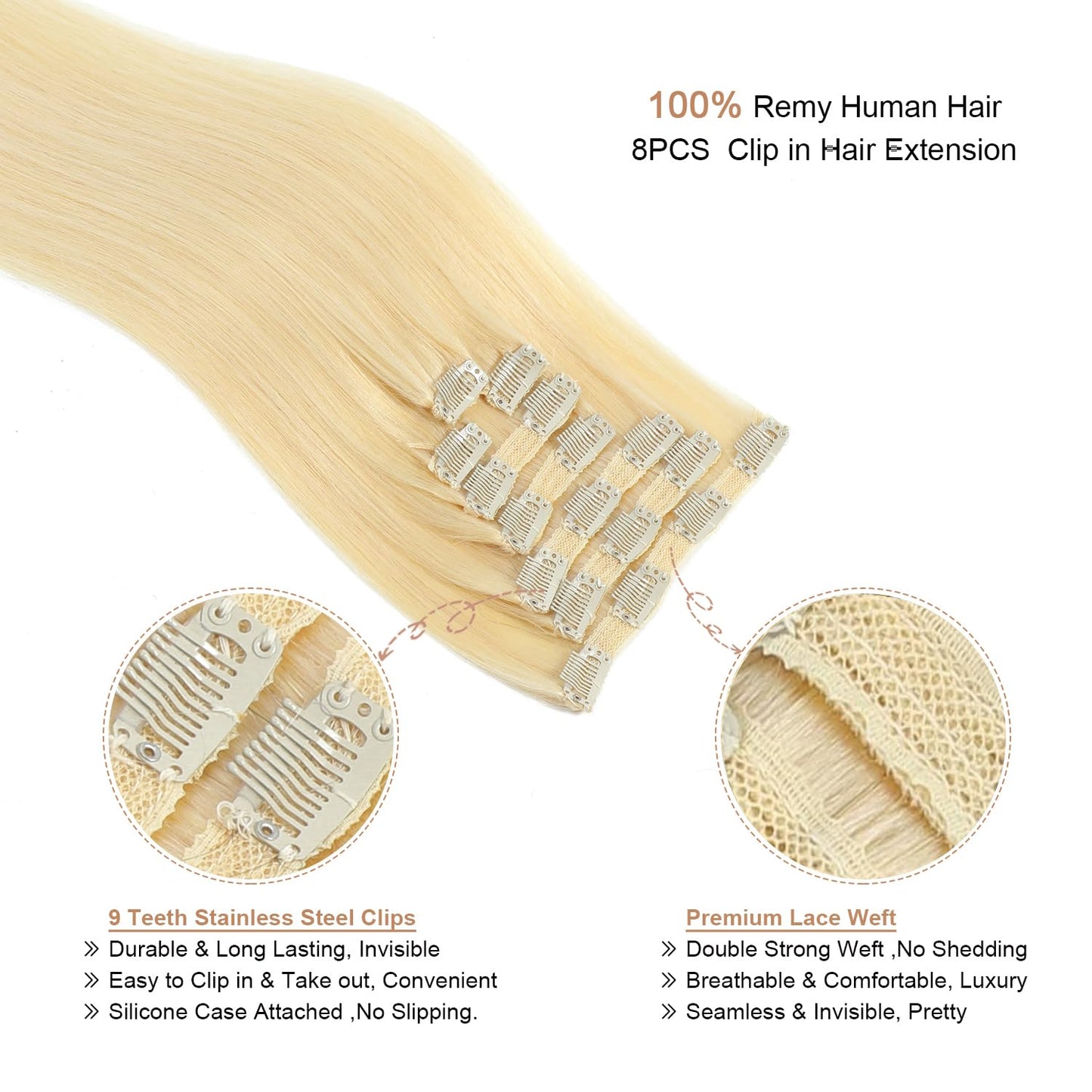 18'' Double Weft Clip in Hair Extensions Real Human Hair Full Head 8 Pieces 100g Silky Straight -100% Real Remy Human Hair Lace Weft Clip in Human Hair Extensions (18 Inch 100g, #613 Bleach Blonde) 18 Inch 100g