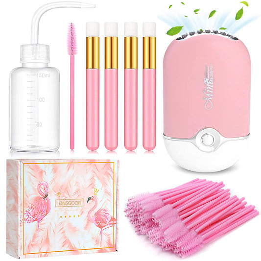 56 PCS Mini Portable Fans USB Rechargeable Handheld Bladeless Air Conditioning Cooling Refrigeration Fan,Lash Shampoo Brushes,Plastic Wash Squeeze Bottle,Disposable Eyelash Mascara Brushes Pink