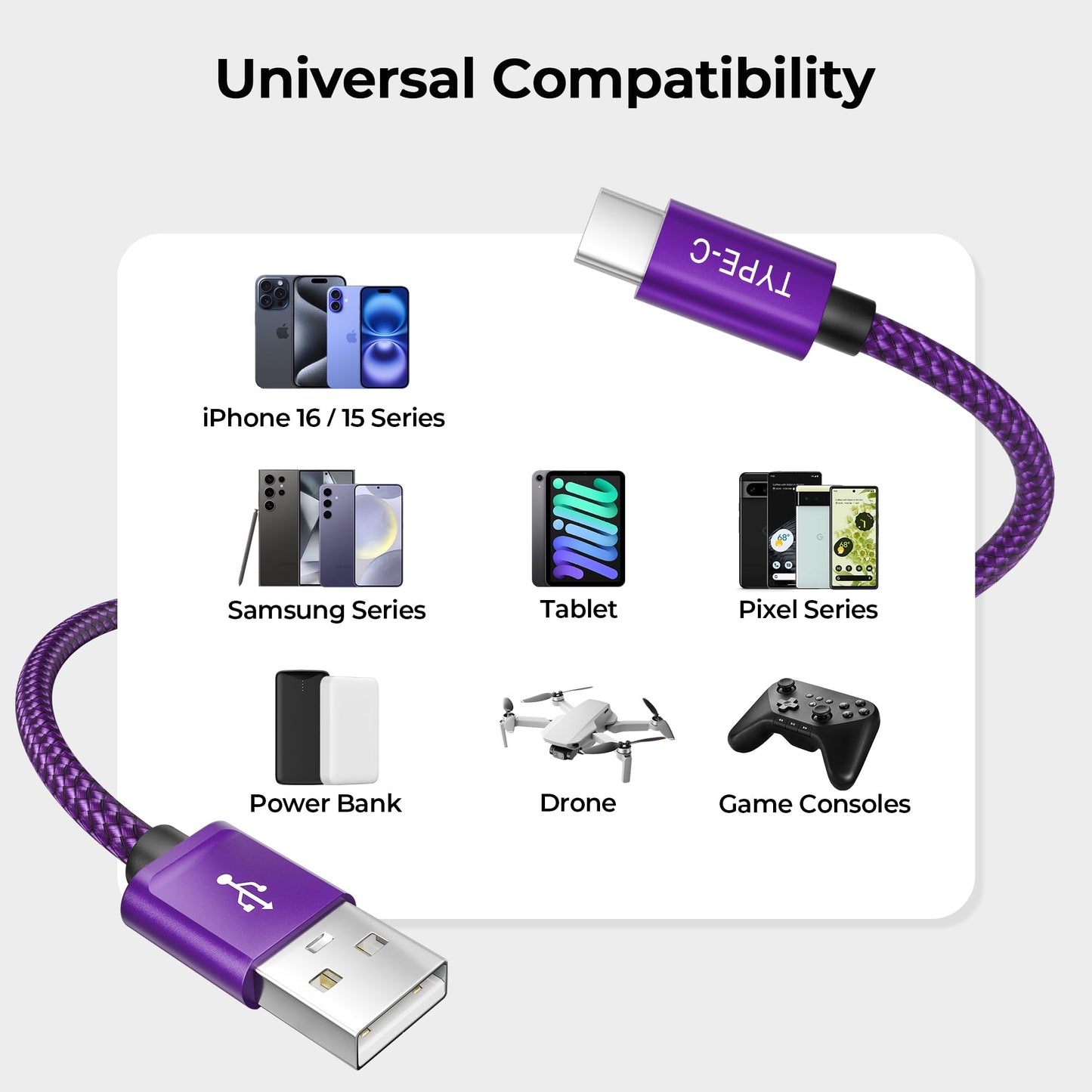 BASESAILOR USB to USB C Charger Cable 3M/2Pack,Long USB Type C Fast Charging Power Lead for iPhone 15 16 Plus Pro Max,iPad 10 10th,Mini 6 6th,7 7th Generation,Samsung Galaxy S25 S24 S23,Z Flip Fold Purple