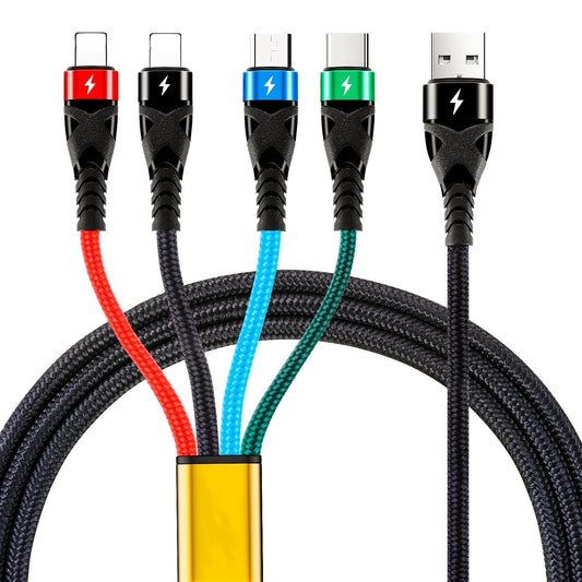 3A 4 in 1 USB Multi Charger Cable, 1.2M Multi Charger Cable with 2 iP Micro USB Type C Charger Cable Fast Charging for iP, Samsung, Pxiel, LG Multicolor