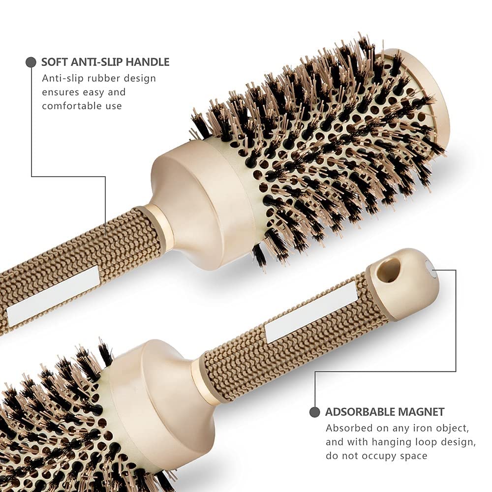 Voarge Round Barrel Hair Brush with Simulation Boar Bristle, with Natural Wild Boar Bristles for Hair Blow Drying, Styling, Curling, Straightening, 53mm Large, Round Barrel Hair Brush