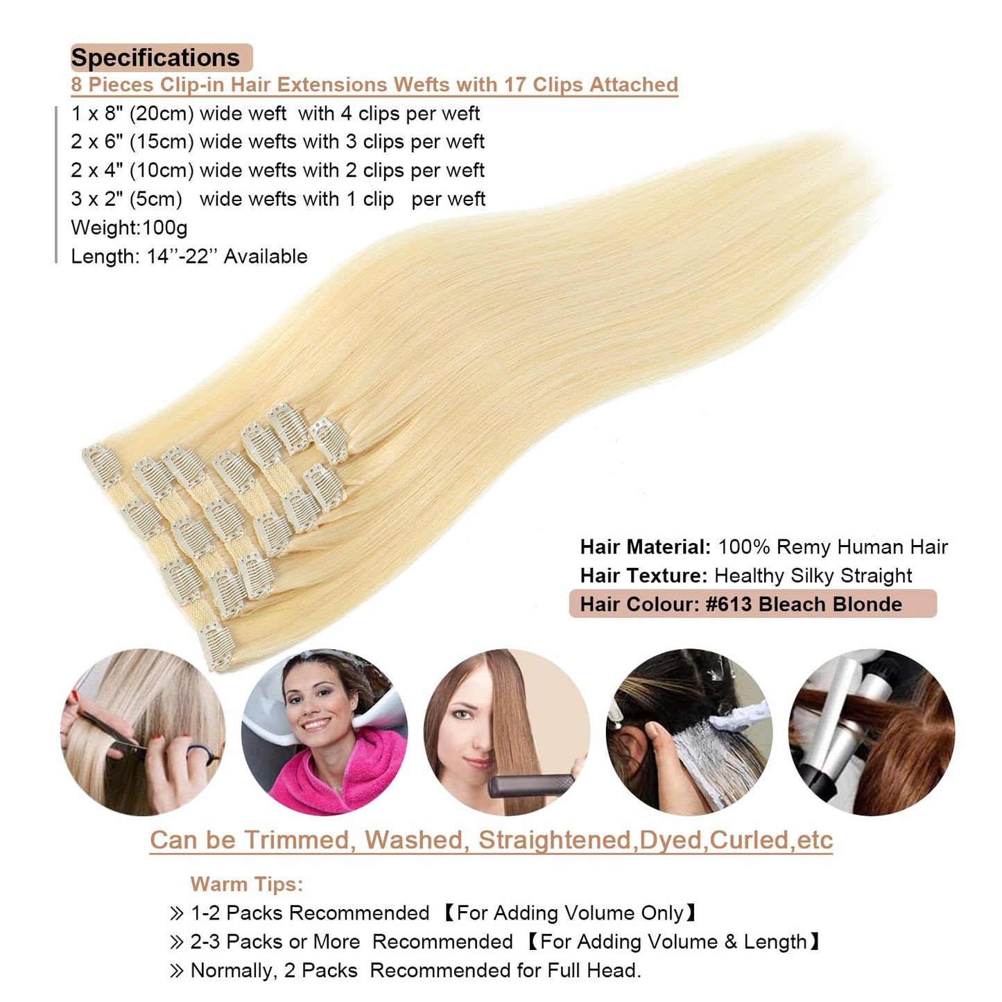 18'' Double Weft Clip in Hair Extensions Real Human Hair Full Head 8 Pieces 100g Silky Straight -100% Real Remy Human Hair Lace Weft Clip in Human Hair Extensions (18 Inch 100g, #613 Bleach Blonde) 18 Inch 100g