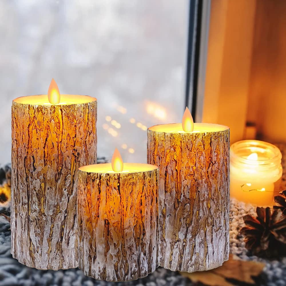 Aongray LED Candles with Pine Bark Effect Flickering Battery Operated Candles 4" 5" 6" Set of 3, Real Wax Candles Decorating Pillars,10-Key Remote Control with 24 Hour Timer Function