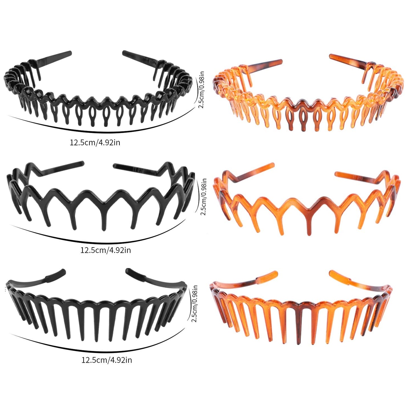 6 Pcs Tooth Headband for Women Girls, Plastic Hair Bands Wavy Hair Comb Headband Hard Hairbands for Hair Styling, 3 Styles(Black/Brown)