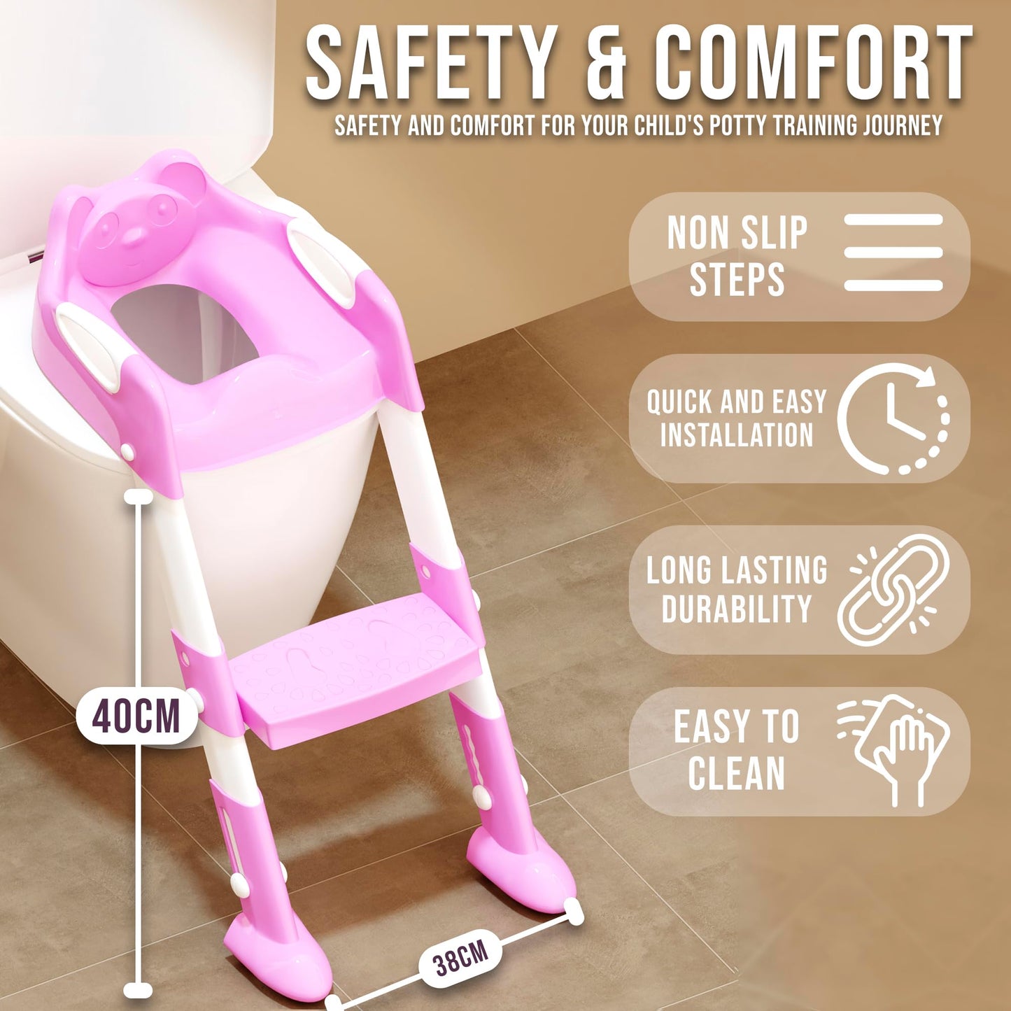 ZENO Potty Training Toilet Seat | Toddler Toilet Seat | Potty Training Seat | Toilet Steps for Toddlers | Kids Toilet Seat | Toilet Training Seats | Non Slip & Comfortable | Foldable Design | Pink