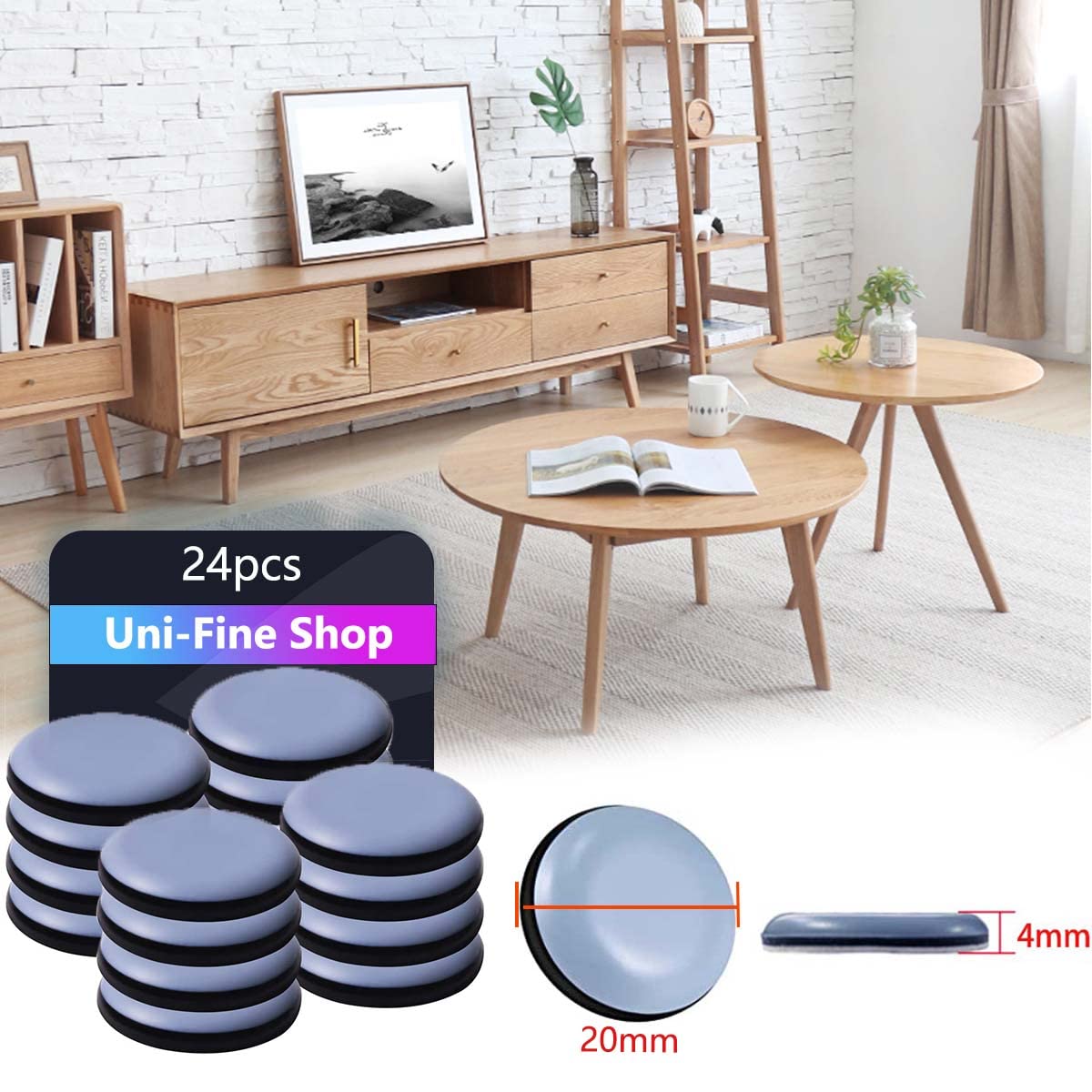 Uni-Fine 24PCS Furniture Sliders and Gliders 20MM Circular for Carpet Moving Furniture Self-Adhesive Furniture Gliders Furniture Mover Pads 20mm(round)