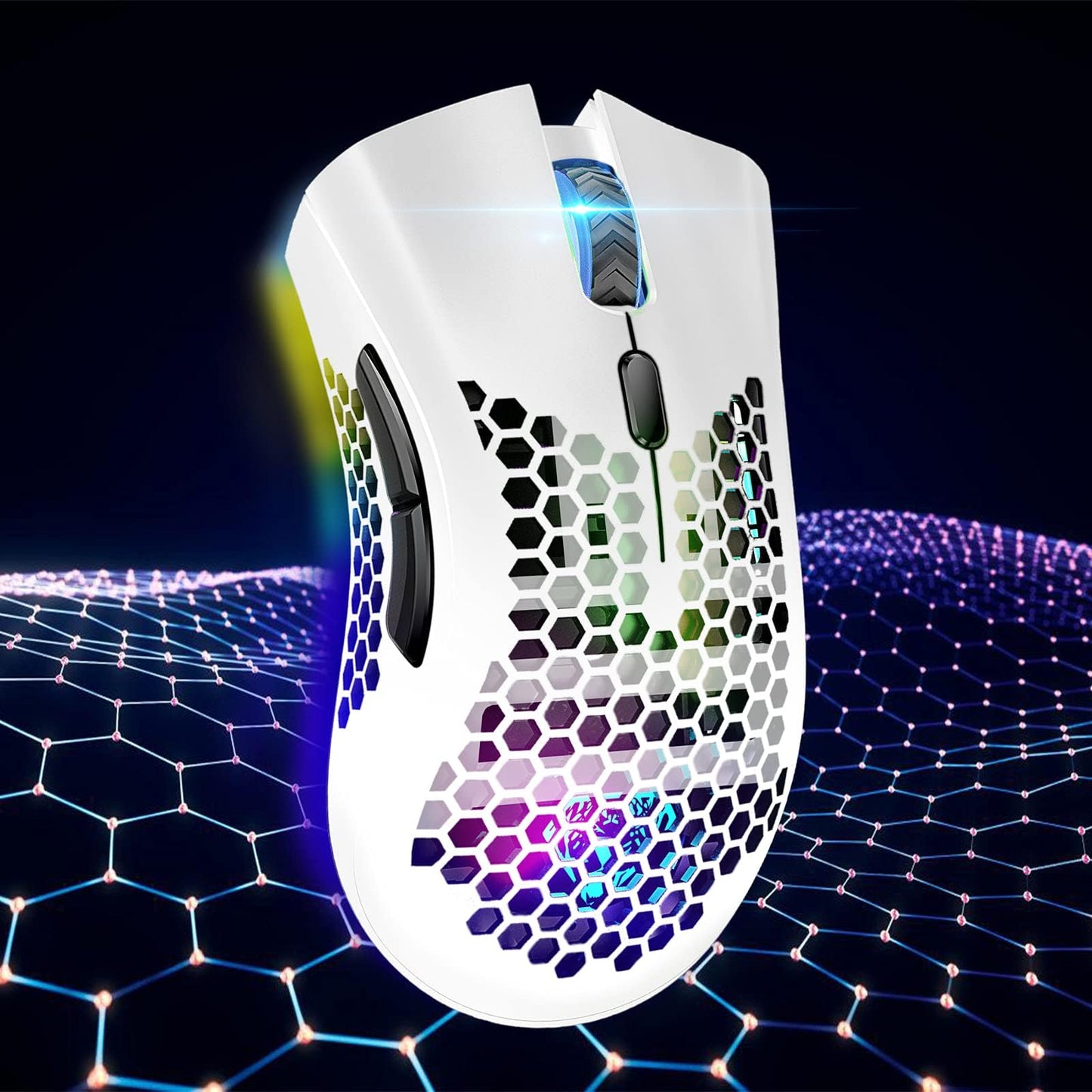 VEGCOO Gaming Mouse, Rechargeable Wireless Mouse with Honeycomb Wireless Gaming Mouse with RGB Light/Silent Click/Adjustable DPI, Optical Computer Mouse for Laptop PC Computer C23WT-UK