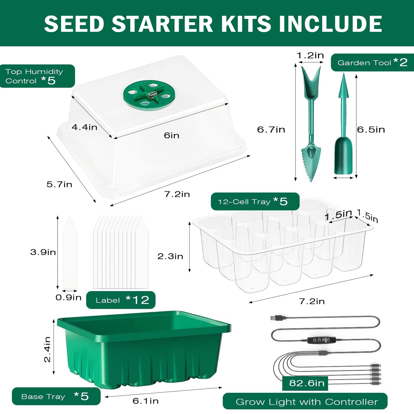 5 Pack Seed Starter Trays with Grow Light with Timing Controller Adjustable Brightness,Thicken Seedling Starter Trays with Humidity Domes Heightened Lids(Green) Green