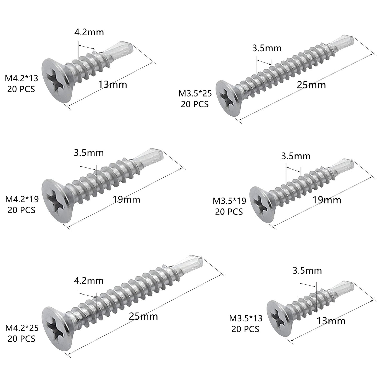 120 PCS Stainless Steel Self Drilling Screws,Self Tapping Screws for Metal (120 PCS, Flat Head M3.5 & Flat Head M4.2) 120 Flat Head 3.5 & Flat Head 4.2