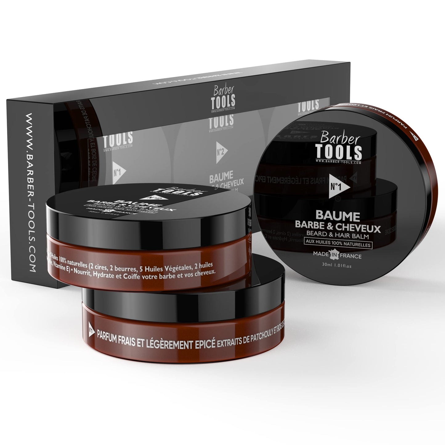 BARBER TOOLS Beard Balm Set N°1/2/3, 3x30 ml with 100% Natural Oils - Made in France - Nourishes, Hydrates, Textures