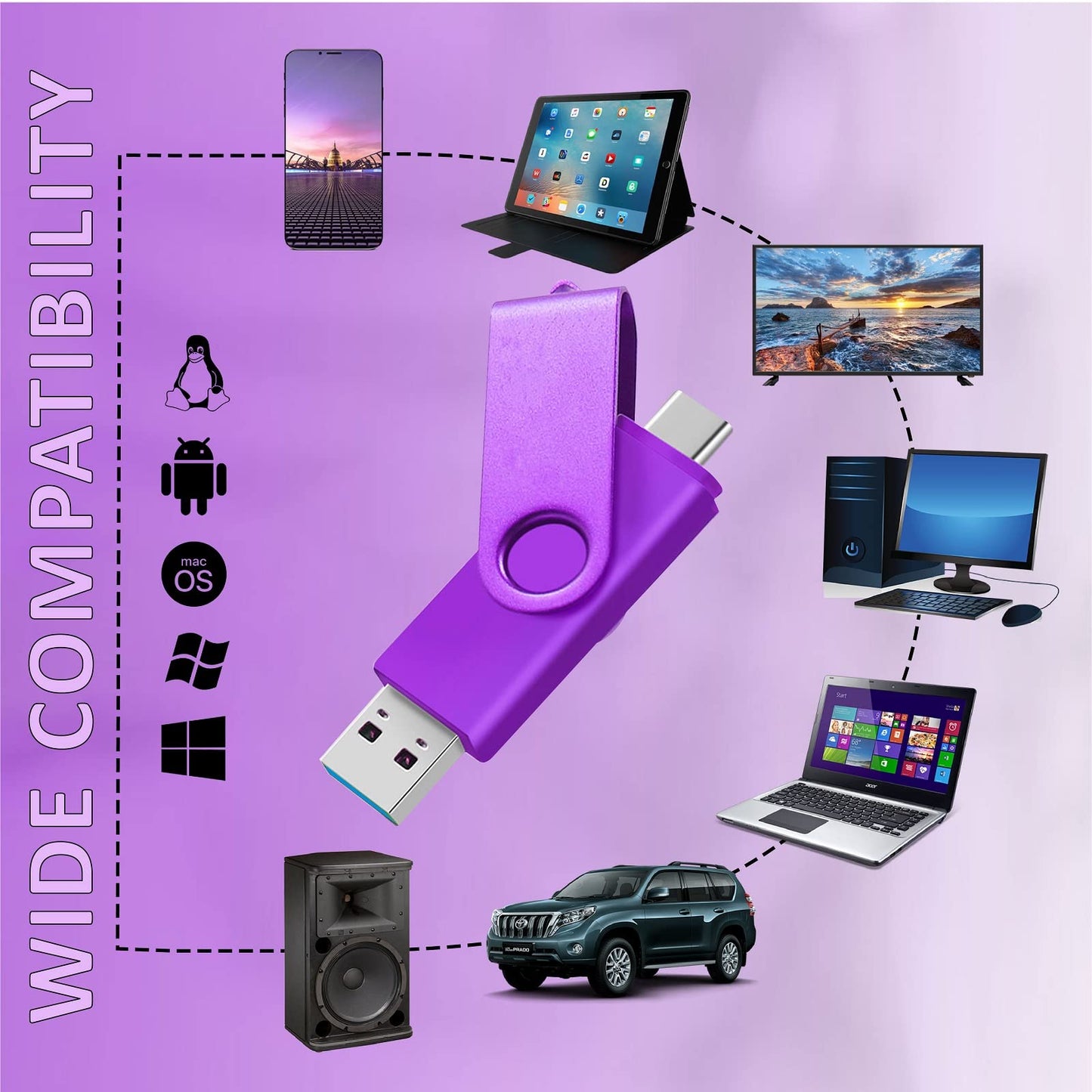 Vixelle 16GB High Speed USB 3.0 Type-C Flash Drive with Lanyard - 360° Swivel Pen Drive with Keychain Loop - 2in1 Dual USB C Memory Stick - 16GB USB Stick for Smartphone, Tablet & Computer - Purple