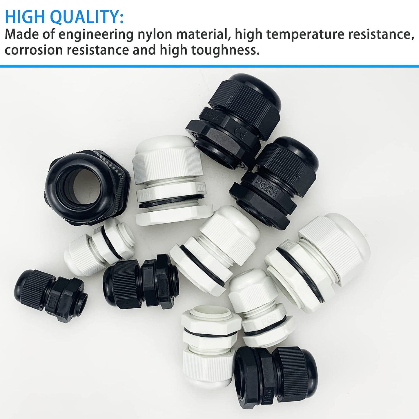 80Pcs Adjustable Cable Glands, IP68 Waterproof Adjustable 3-15mm Plastic Cable Gland Joint with Gaskets,Nylon Cable Connectors Gland Joints Locknut Stuffing GlandsPG7/9/11/13.5/16/19(Black,White)