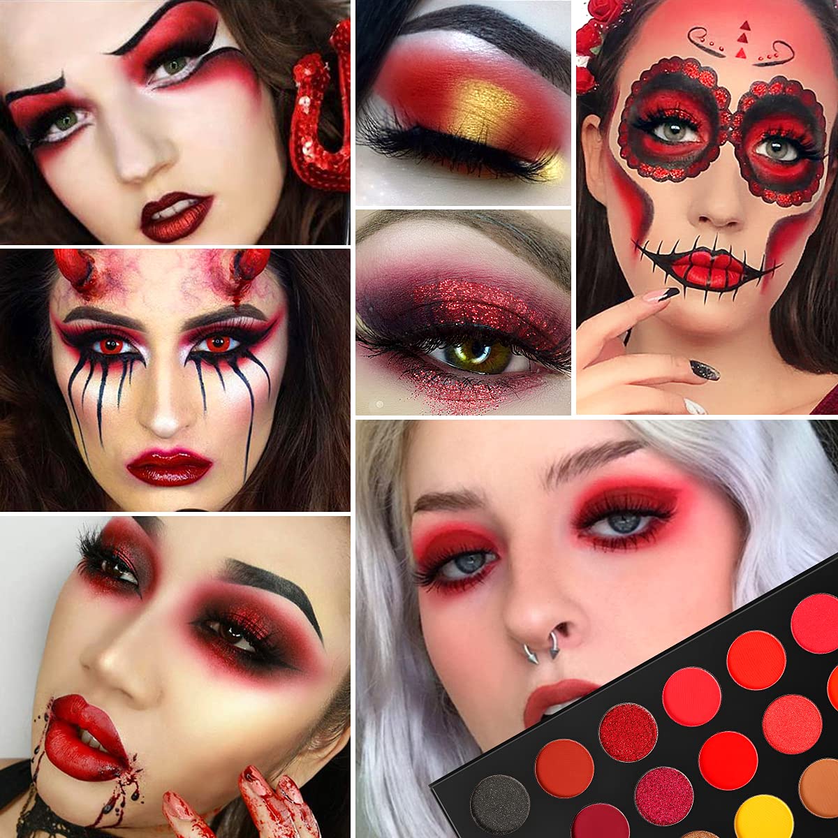 Afflano Red Eyeshadow Palette Highly Pigmented, Long Lasting True Red Eye Shadow Halloween Makeup Pallet 18 Color, Matte Shimmer Brown Black Red Yellow Sunset Warm Fall Eye Shade Cruelty Free