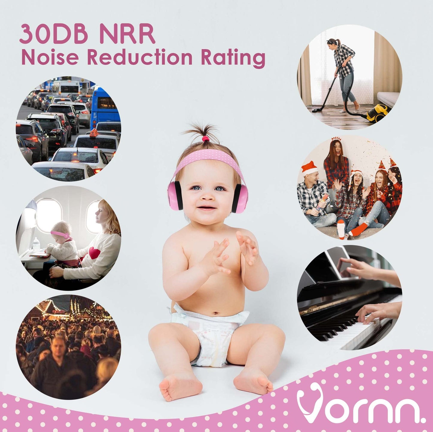 VORNN Baby Ear Defenders for 0-36 Months - CE and UKCA Certified, Soft and Adjustable - Infant Noise Cancelling Defenders, Pink Ear Muffs