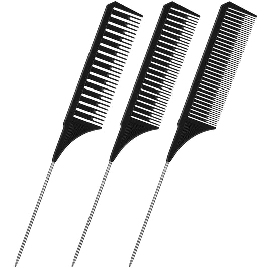 3 Pieces Different Sizes Highlighting Comb Set Foiling Comb Tail Hair Combs Metal Rat Tail Combs Plastic Weaving Teasing Hair Comb for Women Men Hair Styling Hair Salon (Black)