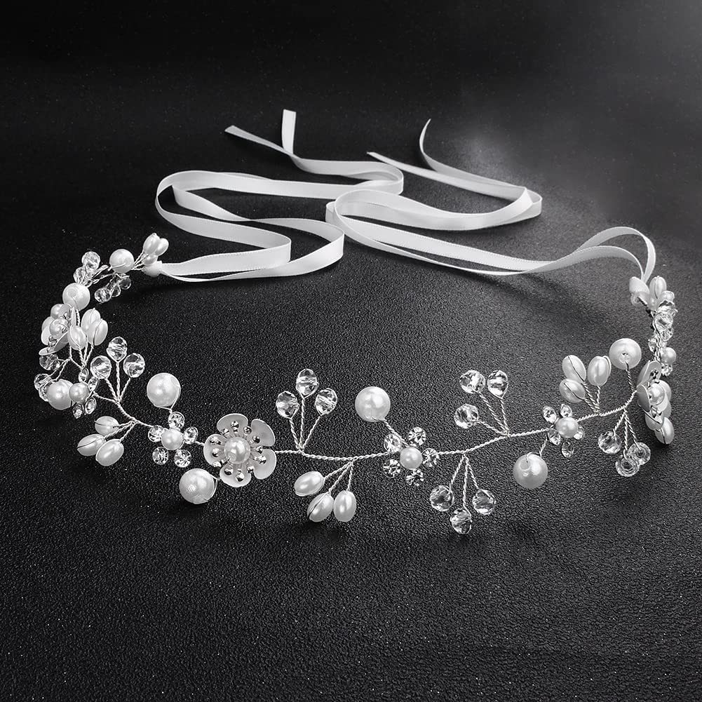 Uongeod Crystal Pearl Bridal Headband Bohemian Headpiece Leaf Hair Vine Flower Wedding Hair Accessories(Silver) Silver