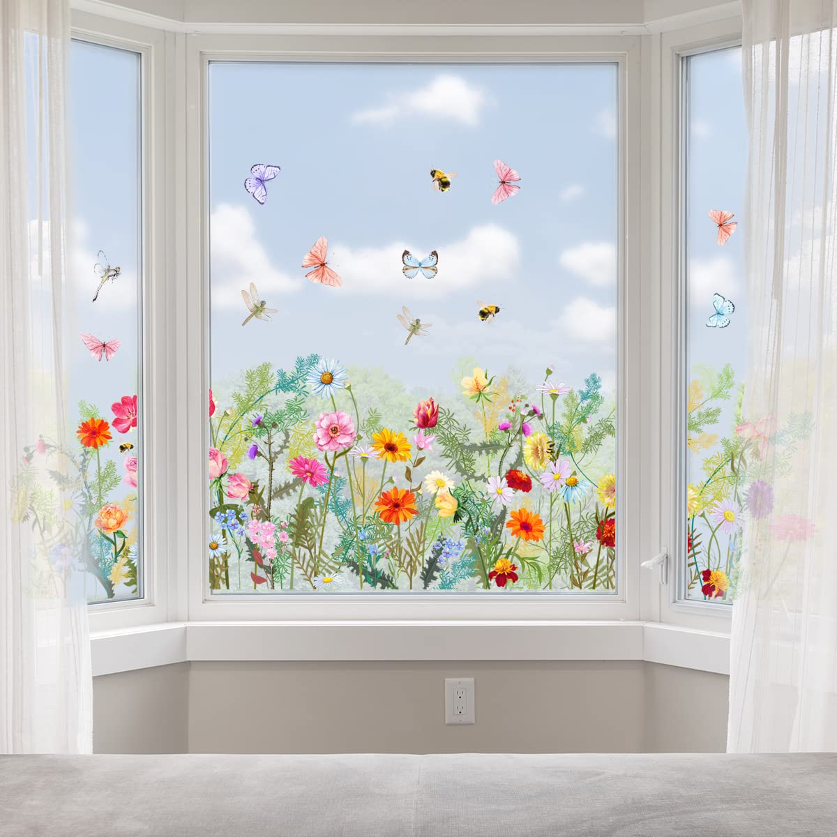 Wajade Garden Flowers Wall Decals Watercolor Colorful Floral and Butterflies Wall Stickers Removable Self-Adhesive Wall Mural Wall Art for Living Room Bedroom Hallway Zsz1167