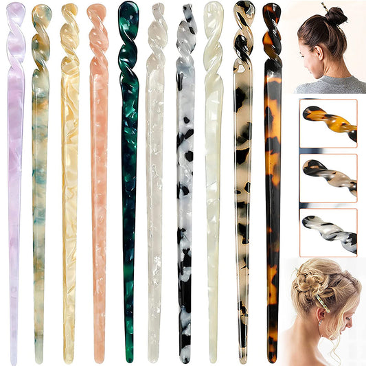 10PCS Acetate Hair Sticks Tortoise Shell Hairpin Chopsticks Leopard Print Vintage Hair Pins Retro Hairpins Disk DIY Hair Clip Fork Hair Styling Accessories for Women Girls