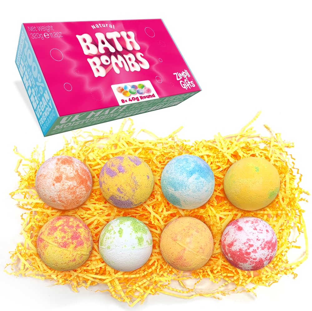 8 x Bath Bombs Value Gift Set from Zimpli Gifts, Present for Mum, Wife, Girlfriend, Daughter, Ideal for Mother's Day, Handmade, Moisturising, Organic and Cruelty Free (Colours May Vary)