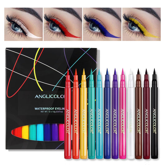 Anglicolor 12 Colours Coloured Eyeliner, Matte Liquid Eyeliner Set, Long Lasting Waterproof Neon Eyeliner Pen, Highly Pigmented Smudge-proof Colourful Eye Liners for Wedding Party (12 Colors) 12 Colors