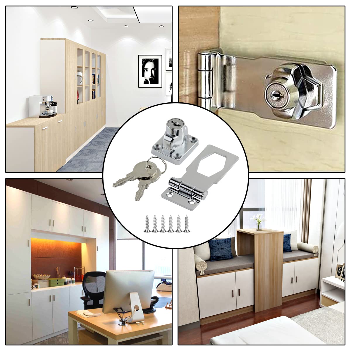 2 Sets Safety Metal Door Latch Locks Keyed Hasp Locks Door Lock Hasps with Padlocks and Keys for Cabinets, Cupboard, Drawer Gate