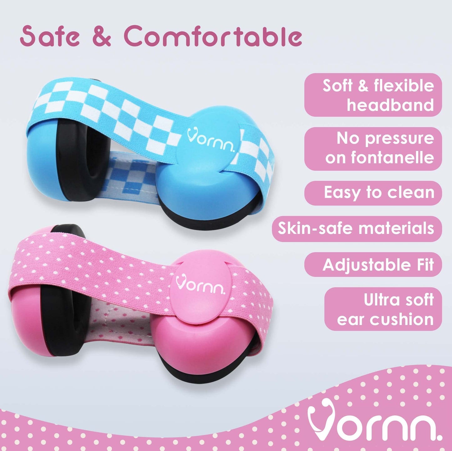 VORNN Baby Ear Defenders for 0-36 Months - CE and UKCA Certified, Soft and Adjustable - Infant Noise Cancelling Defenders, Pink Ear Muffs