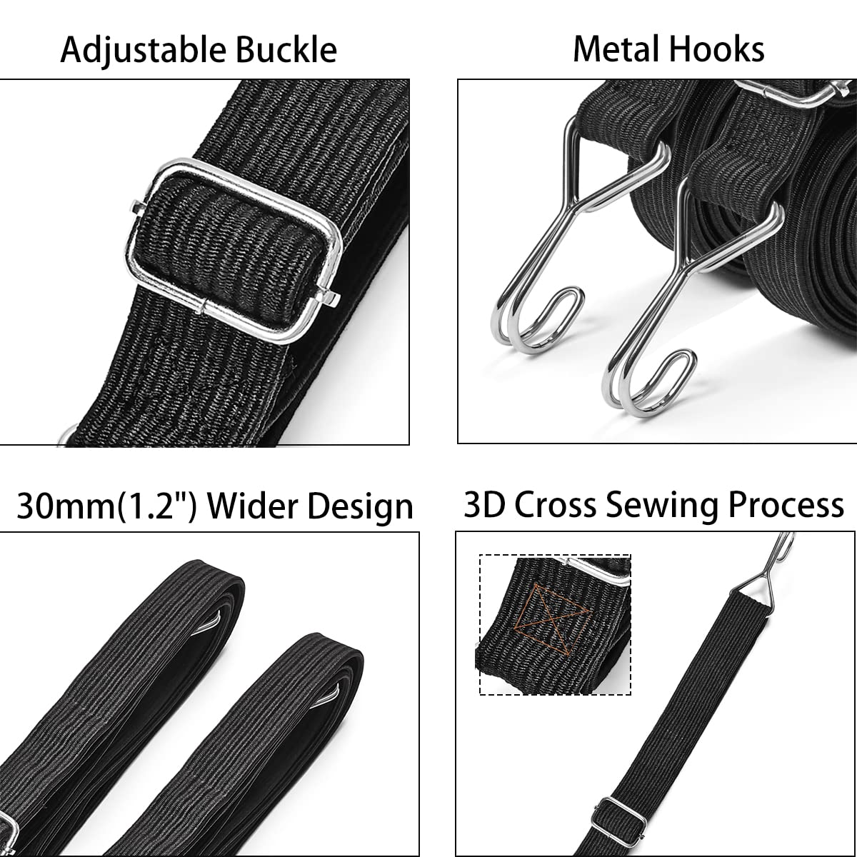 Yorkmills Bungee Cords with Hooks, 4 Pack 2M Heavy Duty Extra Strong Rubber Elastic Straps Adjustable Flat Elasticity Rope Set with Metal Buckle for Bike Luggage Racks Camping Gardening Clothesline Black 200cm(80inch)