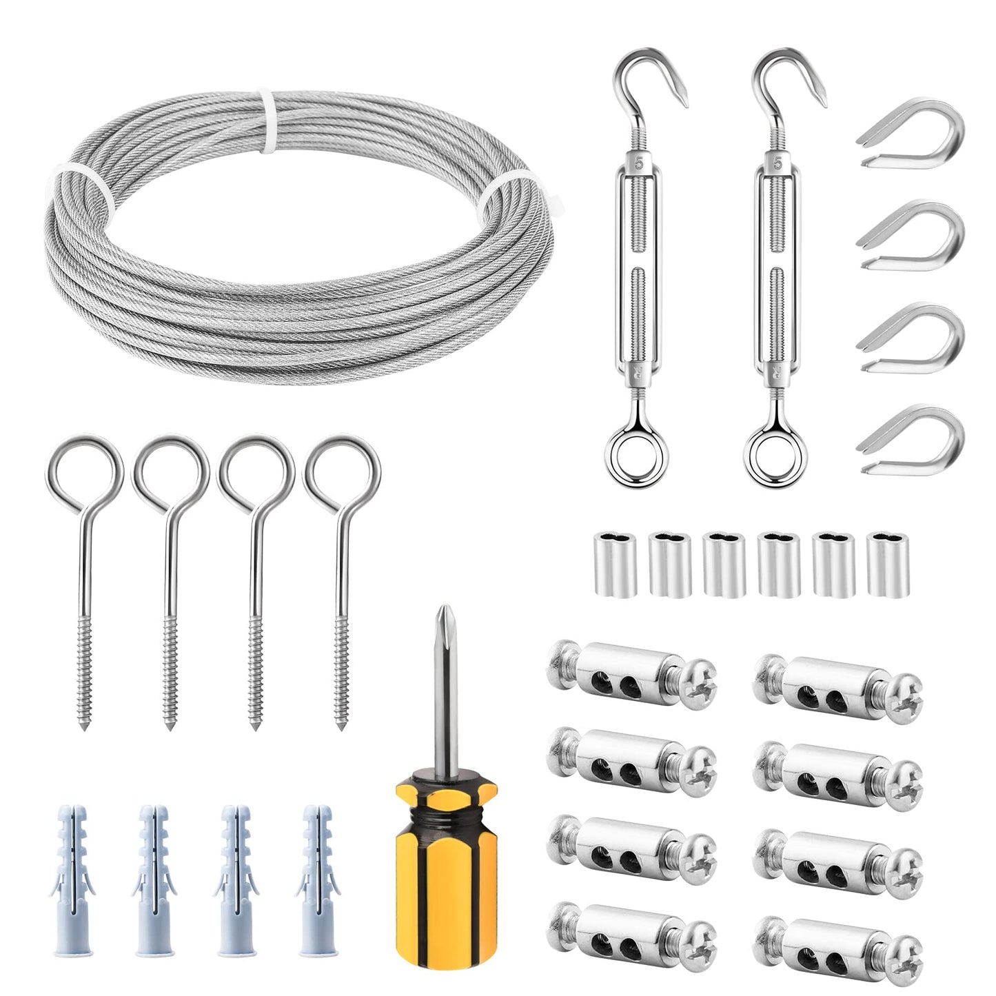 TooTaci 3mm Wire Rope Kit, 15M PVC Coated Cable - 304 Stainless Steel, M5 Turnbuckles & Tensioner Kit for Garden Climbing Plants, Picture Hanging, Lights Suspension 15m Wire Rope with 8 Metal Clamps 1/8 Coated Cable Kit