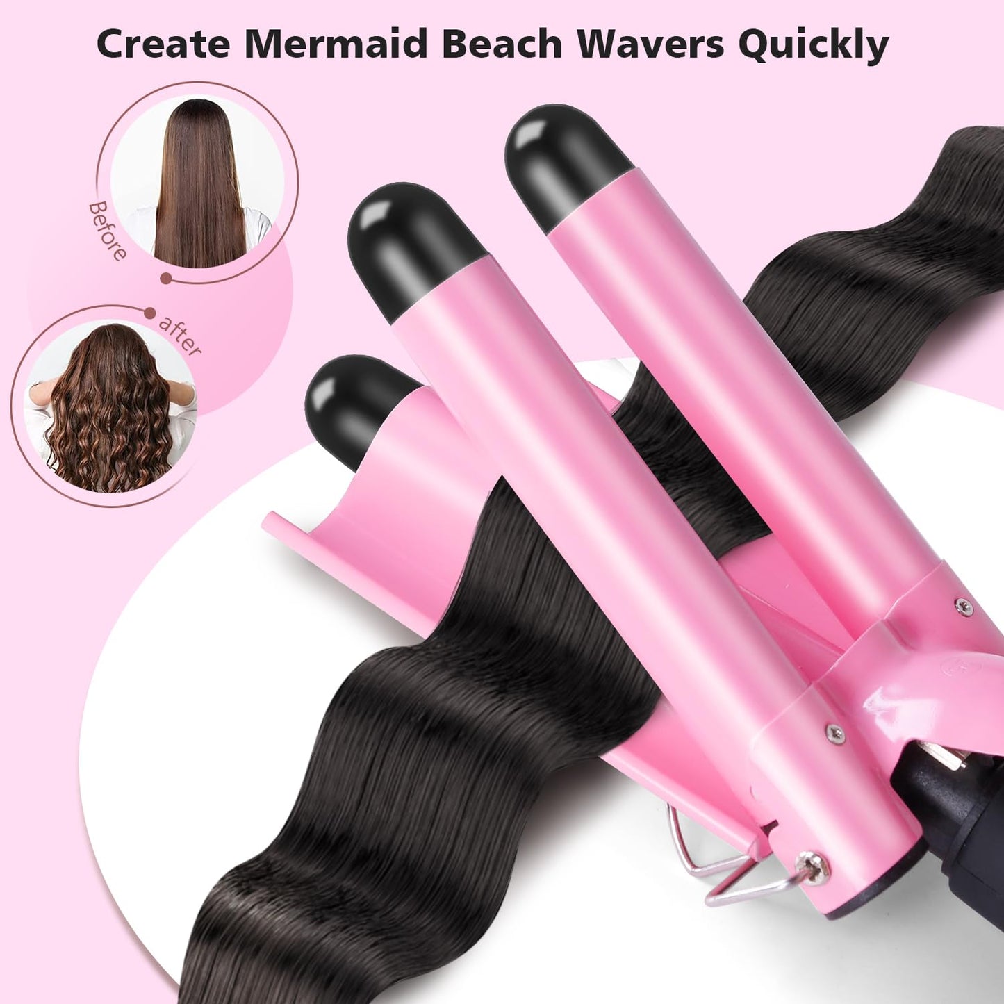 3 Barrels Hair Curler - 25mm Curling Iron Tongs Hair Waver Mermaid Waves Wand Beach with 2 Temperature Control Quick Heating for Long or Short Styling Pink