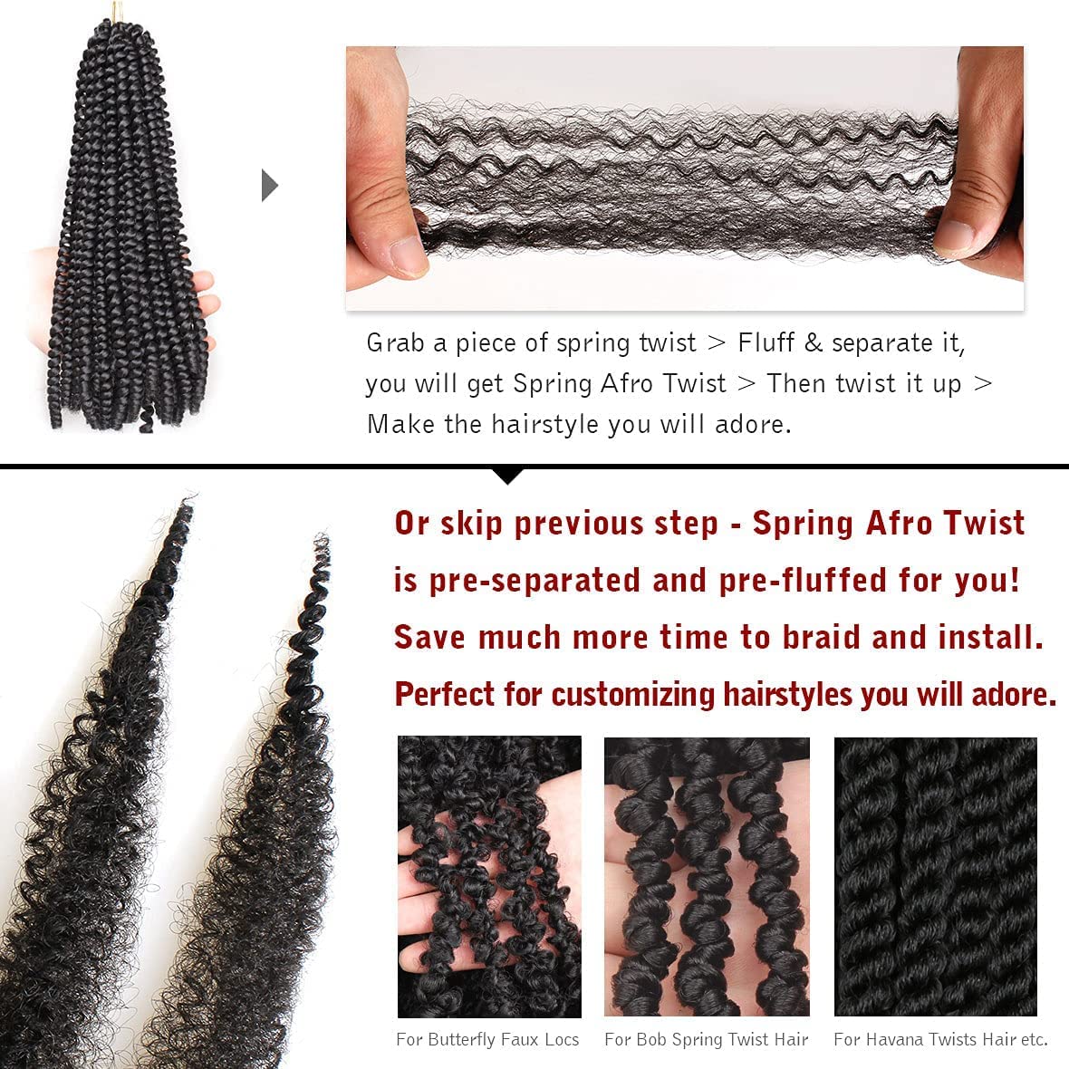 Xtrend 8 Packs 12 Inch Soft Springy Afro Twist Hair Pre-Separated Spring Twist Hair for Faux Locs Natural Black Marley Twist Crochet Braiding Hair Synthetic Hair Extensions 8 Strands/Pack 1B# 12 Inch (Pack of 8) 1B#