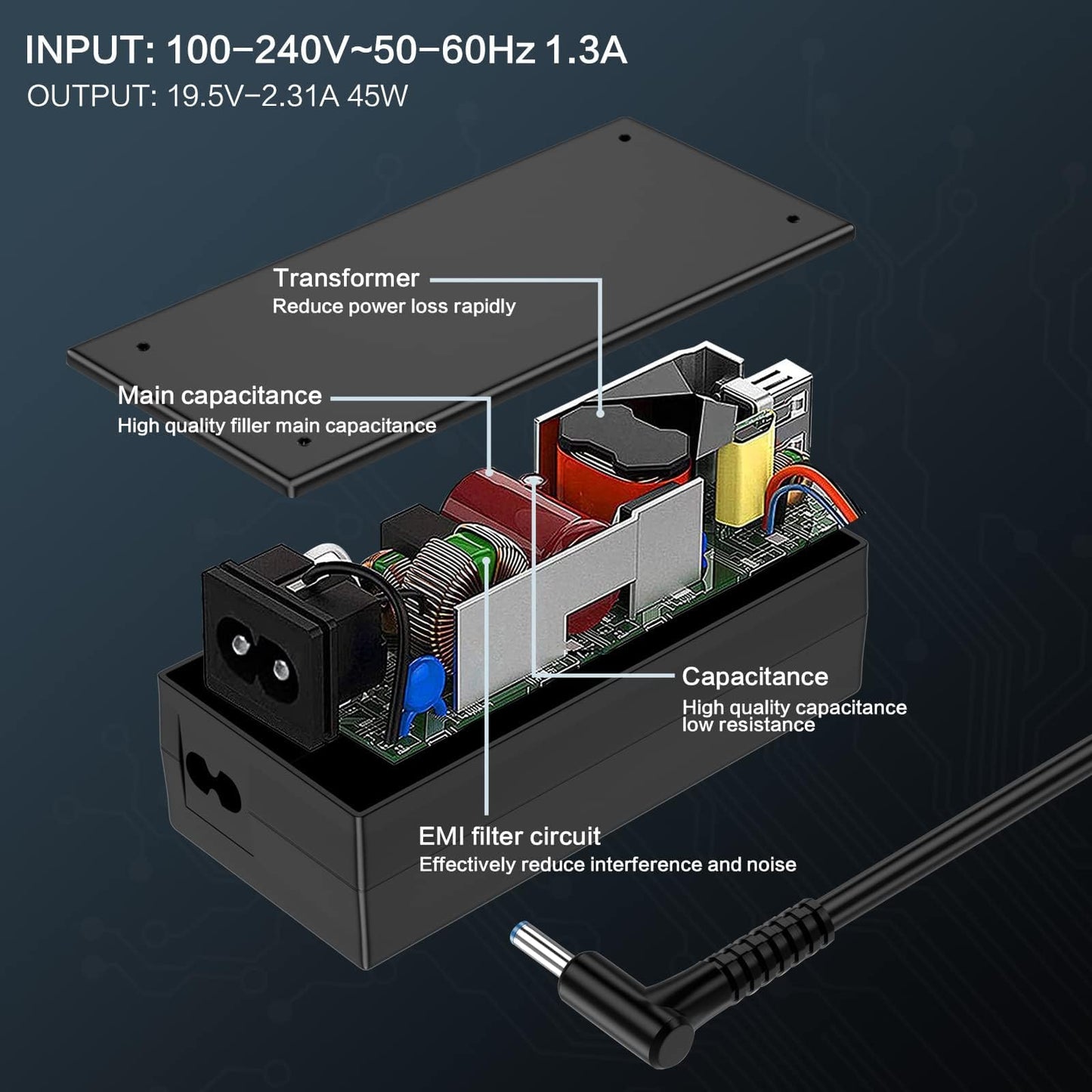 19.5V2.31A 45W Laptop Charger for HP Pavilion gaming 15 17 Elitebook 820 830 840 850 745 Envy 13 ProBook 430 440 450 250 630 635 Spectre X360 13 14 15 741727-001 HSTNN-DA40 AC Adapter(4.5 * 3.0mm) 45W 4.5*3.0mm
