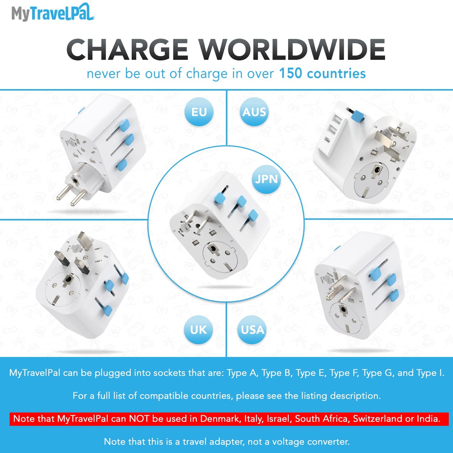 Worldwide Travel Adapter with USB | The Safest All In One Travel Adaptor | MyTravelPal® Pro Grounded Universal Travel Adapter Worldwide | Earthed International World Charger Multi Travel Plug Adapter 3 USB A