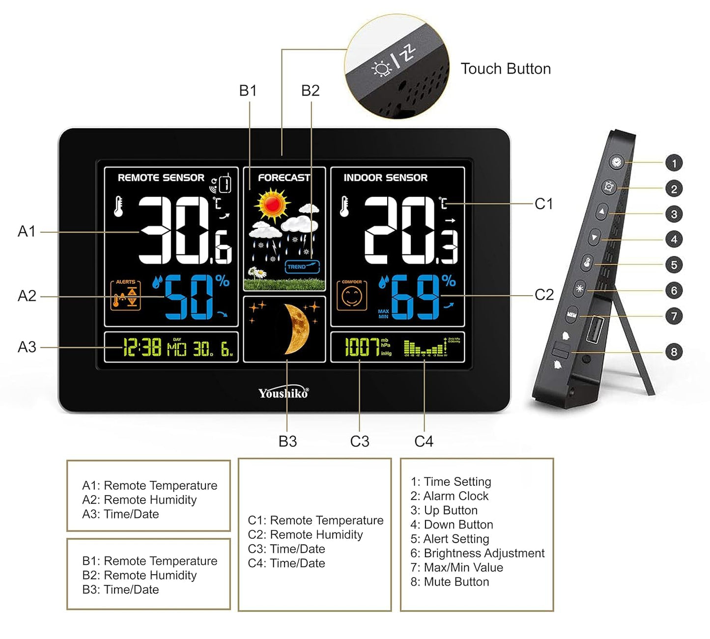 Youshiko YC9444 (Official 2025 UK Version) Wireless Weather Station, Radio Controlled Clock, Indoor Outdoor Temperature Thermometer, Humidity, Barometric Pressure, Ice Alert, Moon Phase