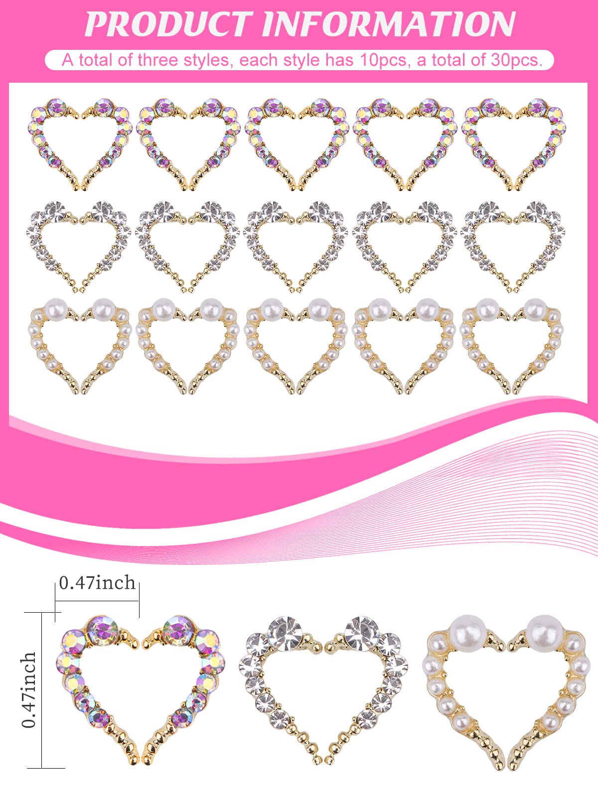 30 Pcs Nail Art Charms, EBANKU 3D Heart Nail Art Charms Rhinestones for Nail Art Decoration, 15 Pairs Heart Nail Rhinestones Jewelry for DIY Women Girls Manicure Decor（3 styles）