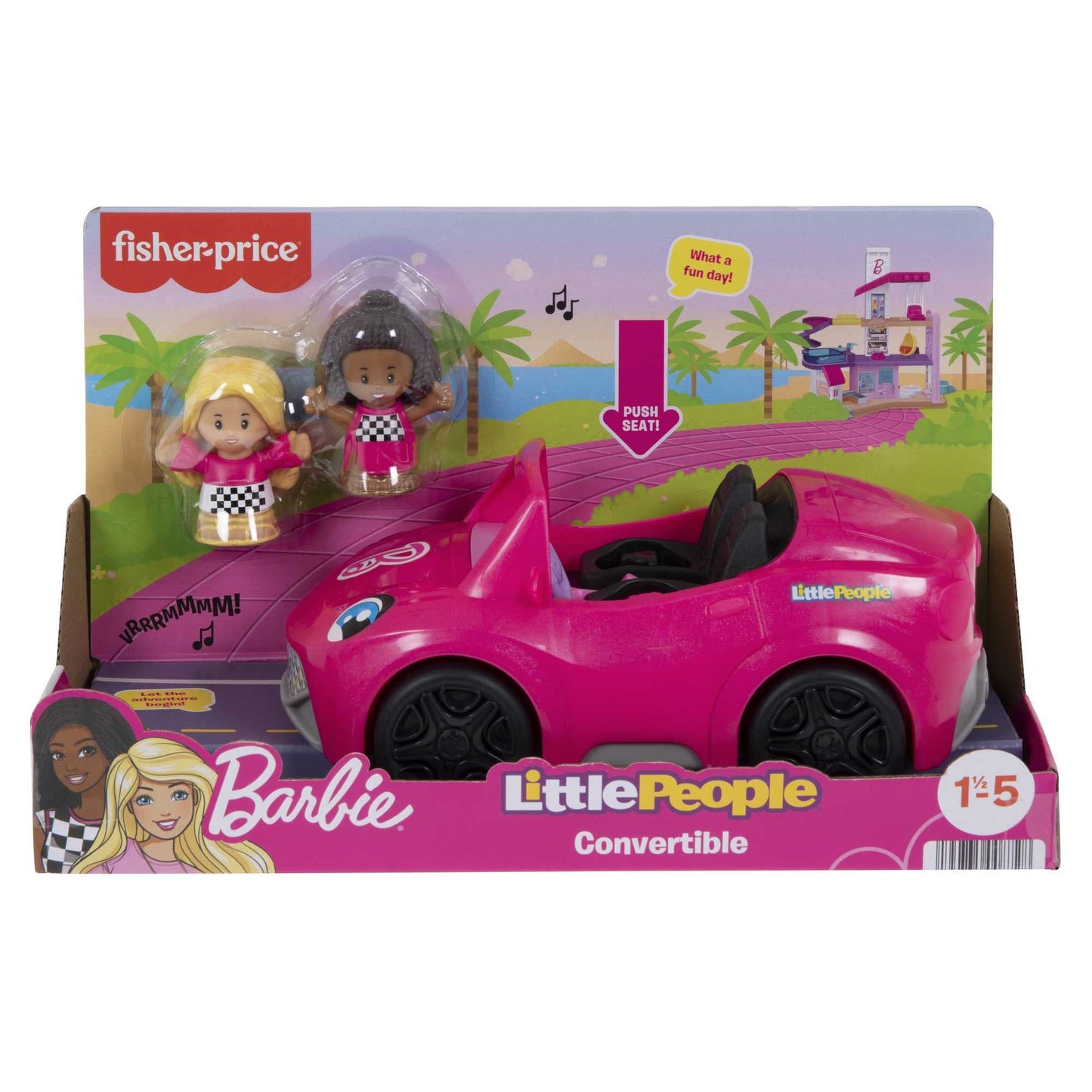 Barbie Convertible by Fisher-Price Little People, push-along vehicle with sounds and 2 figures for toddler and preschool pretend play, HJN53