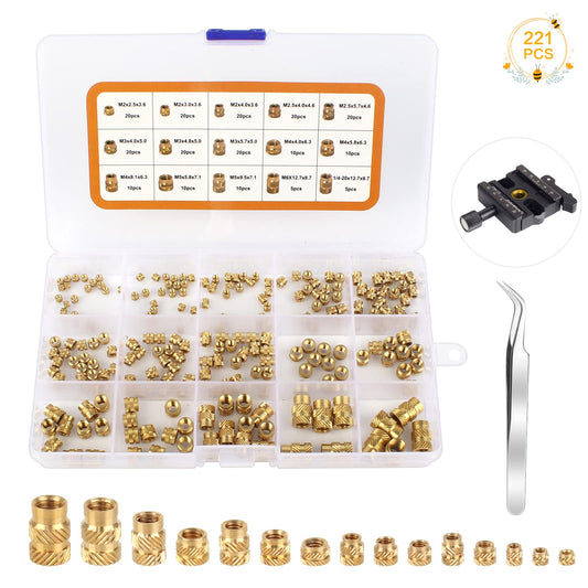 221PCS Thread Knurled Brass Nuts, M2 M2.5 M3 M4 M5 M6 Insert Embedment Nuts Assortment Kit Female Knurled Threaded Insert Nuts for 3D Printing(6 Specifications)