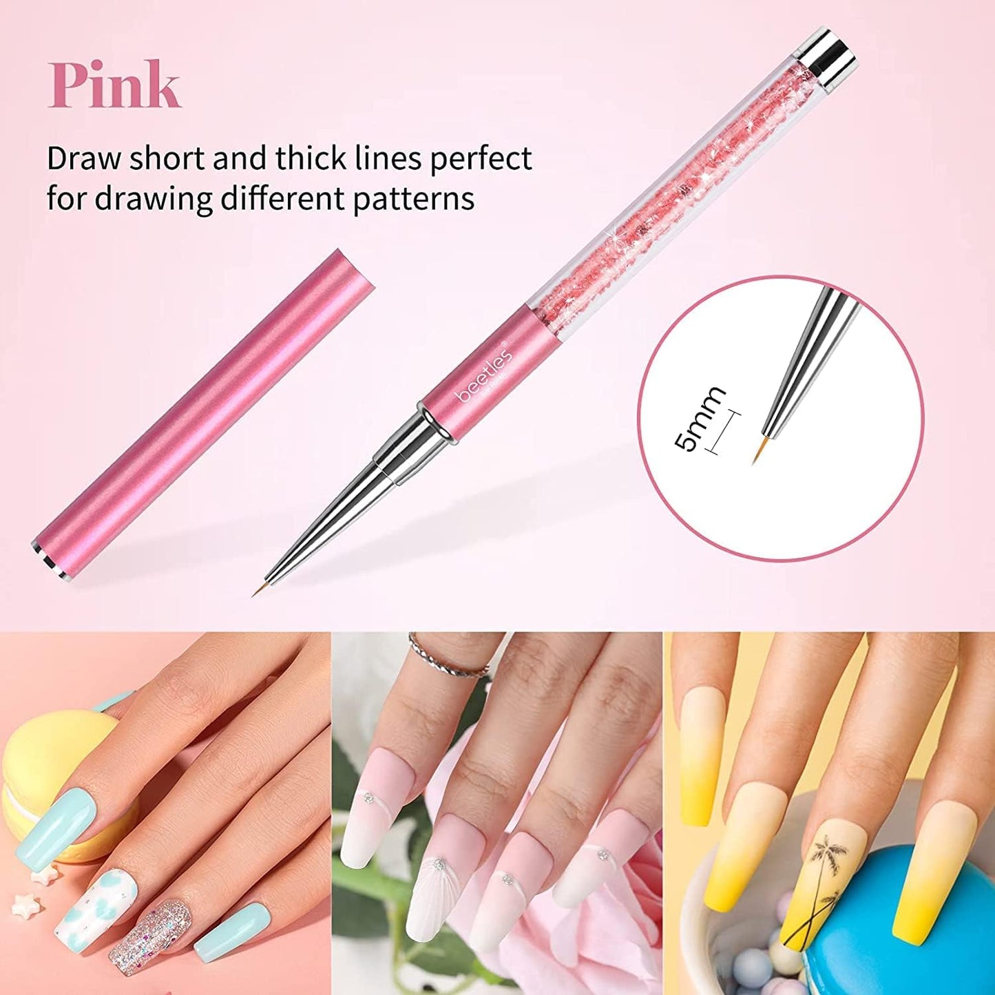 Beetles Nail Art Liner Brushes, Nail Gel Polish Painting Nail Art Design Brush Pen Set Diamond application Rhinestone Handle, Nail Dotting Painting Drawing Pen Sizes 5/7/9/11/20mm, 5Pcs Liner Brushes 5pcs