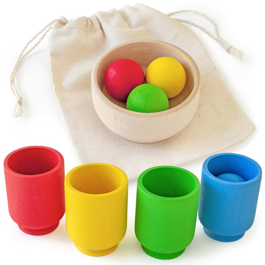 Ulanik Starter Kit Balls in Cups Toddler Montessori Toys for 1 Year Old + Baby Preschool Wooden Games for Learning Colour Sorting and Counting — 4 balls Small