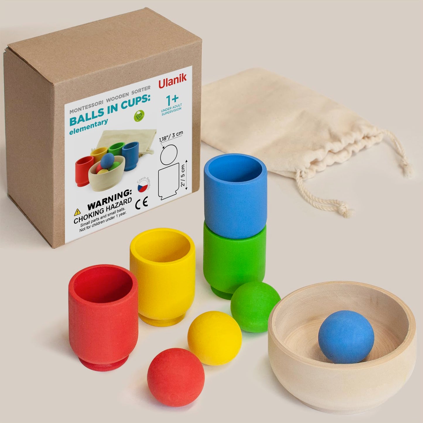 Ulanik Starter Kit Balls in Cups Toddler Montessori Toys for 1 Year Old + Baby Preschool Wooden Games for Learning Colour Sorting and Counting — 4 balls Small