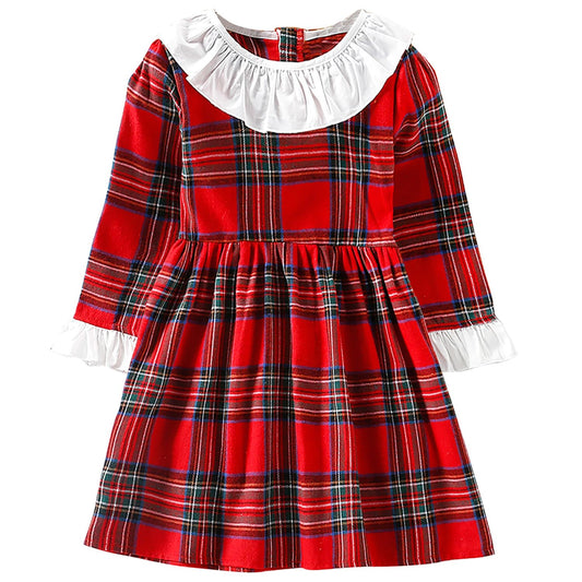 AGQT Toddler Girls Princess Dress Long Sleeve Party Dress Casual Dresses Up Size 3M-6T White Neck Red Plaid Dress 5-6 Years