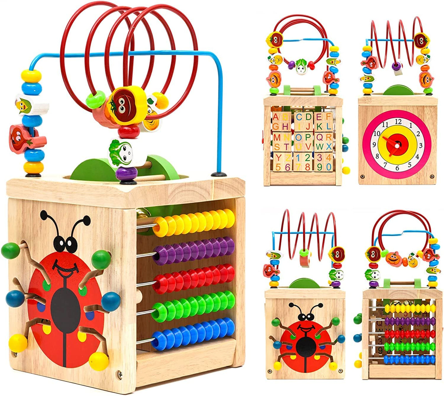 Wooden Activity Cube 7 in 1 Wooden Shape Sorter Activity Centre Multifunctional Educational Bead Maze Clock Rollercoaster Abacus Puzzle Animal Alphabet Number Toy for Child Kids Boys Girls