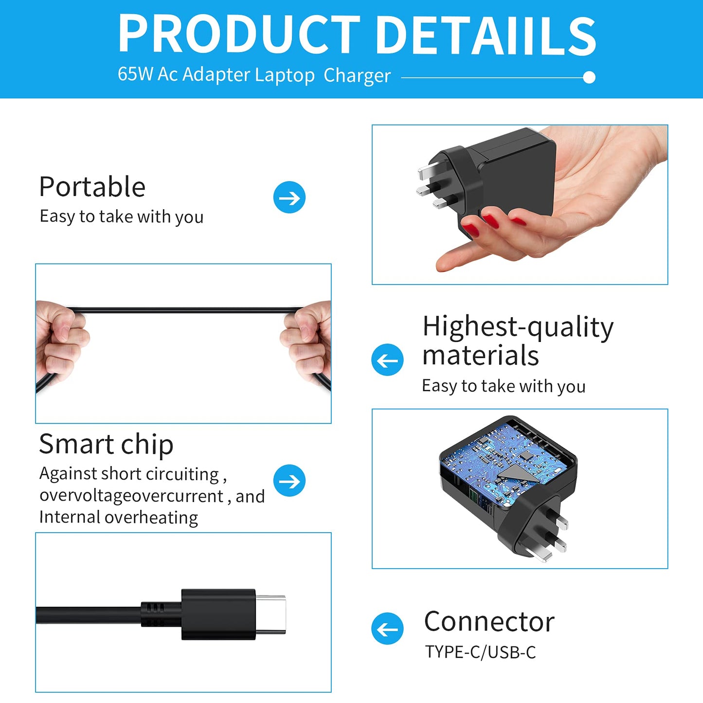 65W USB C Laptop Charger Compatible with MacBook Pro/Air, Lenovo ThinkPad, Asus, HP, Dell, Acer, Google Chromebook Notebook, HUAWEI, Xiaomi, and more Type C Devices PD Wall Charger 65W Usb C Charger