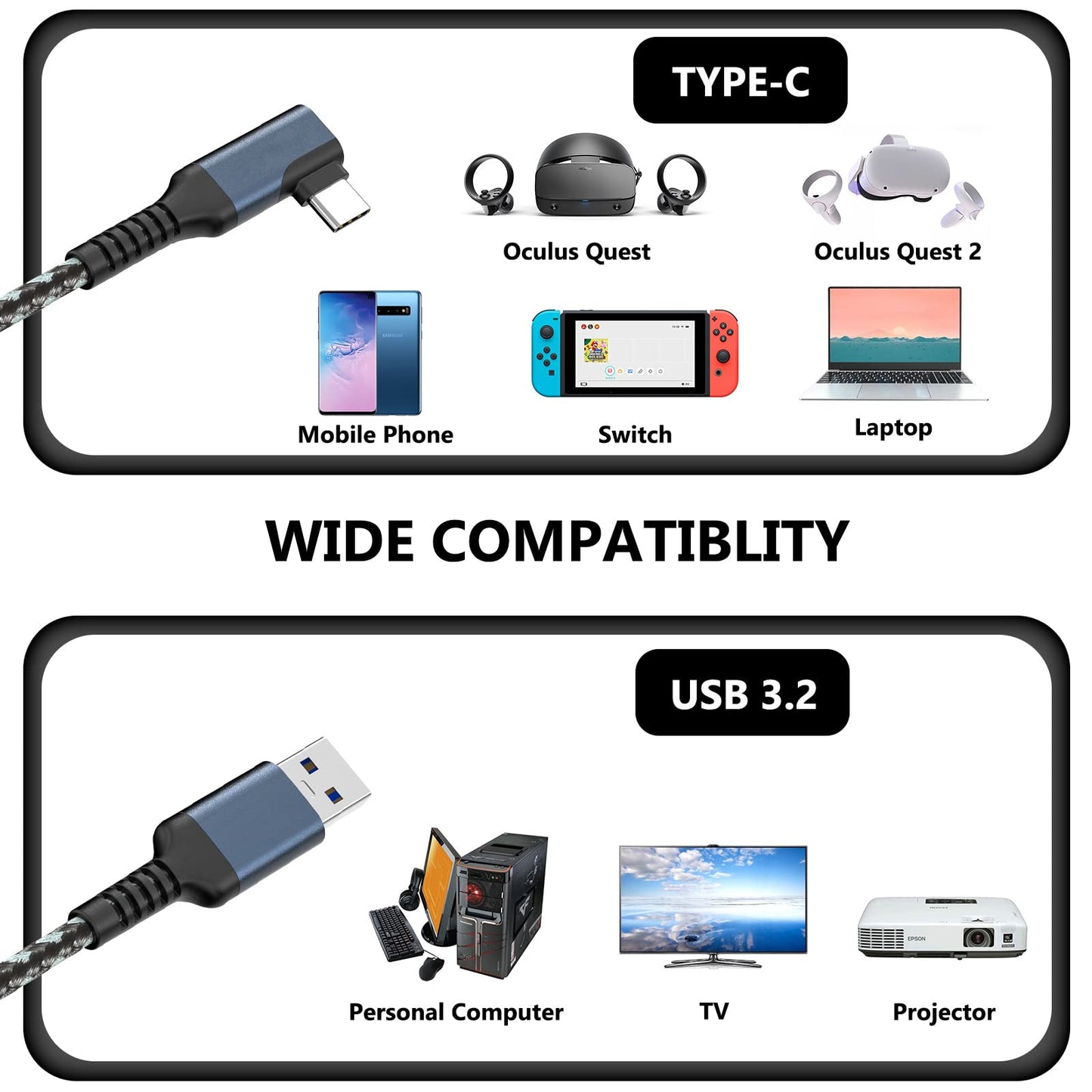 USB C Link Cable 3M for Oculus Quest 2 Link cable Right Angle High Speed Data Transfer&Fast Charging 3A USB A to Type C Lead for Samsung S10 S8 Note2,Oculus Quest/Quest 2 Link Steam VR blue