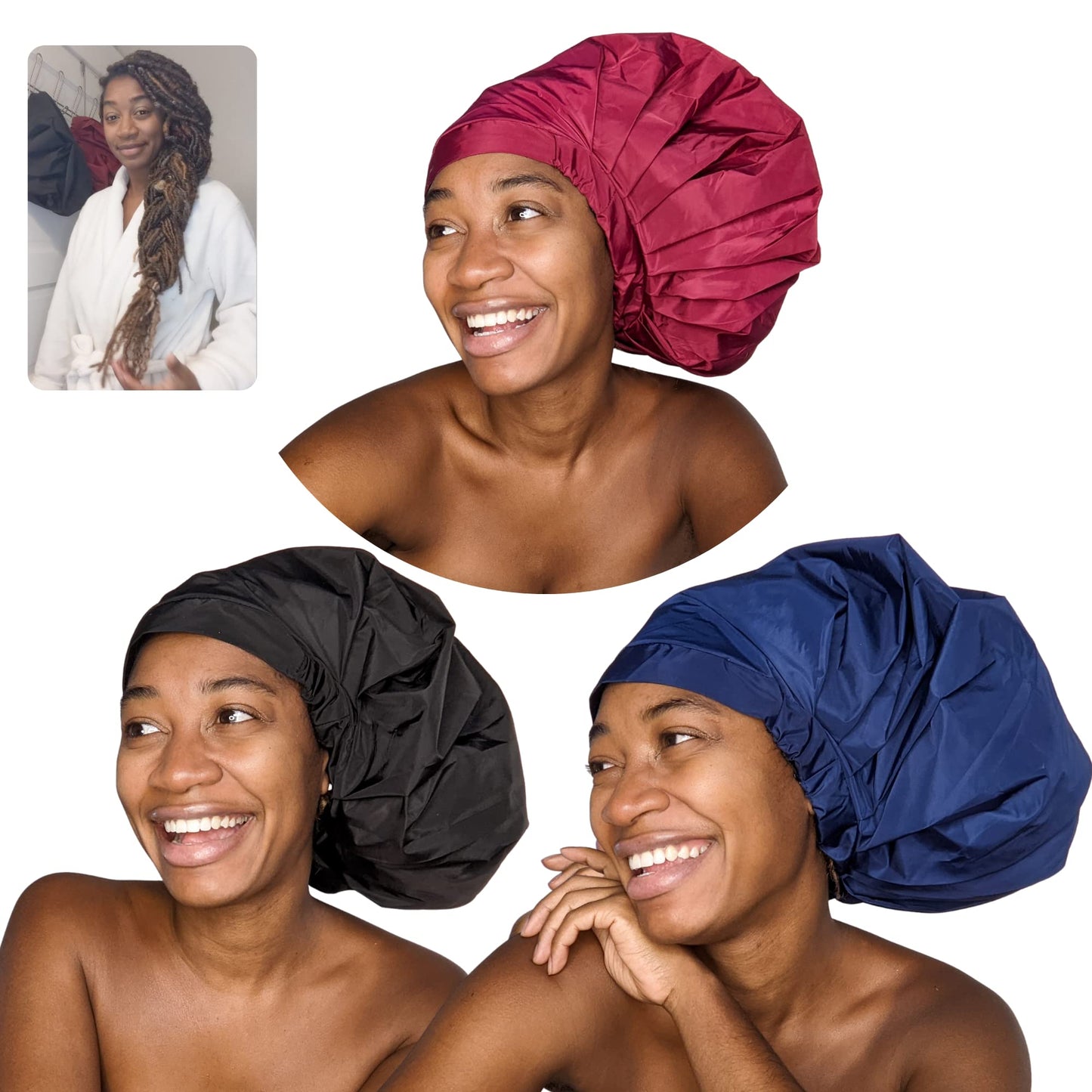 TTAT Shower Cap Jumbo Size for Men & Women With Afro, Long Dreadlocks, Locs, Box Braids, Voluminous & Long Hair, Waterproof, Washable, Reusable & Adjustable Black