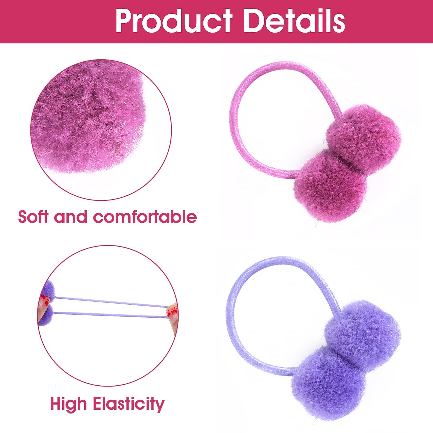 Yolev 28 Pcs Pom Pom Hair Ties for Girls Hair Band Fur Ball Fluffy Ponytail Holders for Women Girl Kids Hair Accessories