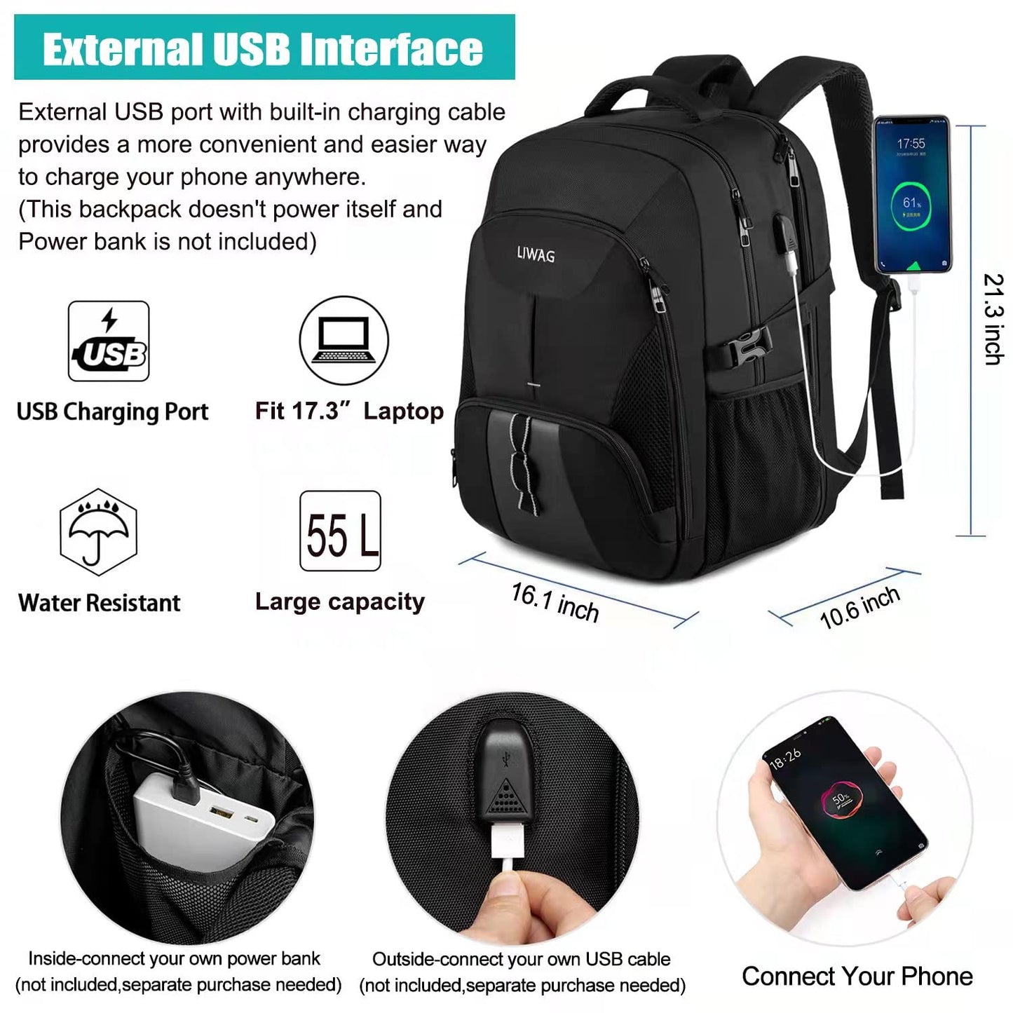 18.4 Laptop Backpack for Men,55L Waterproof Extra Large Travel Backpack Work Bag with USB Charging Port,TSA Big Business Computer Rucksack for Men,Water Resistant Anti Theft College School Bag - Black 18.4inch A-black