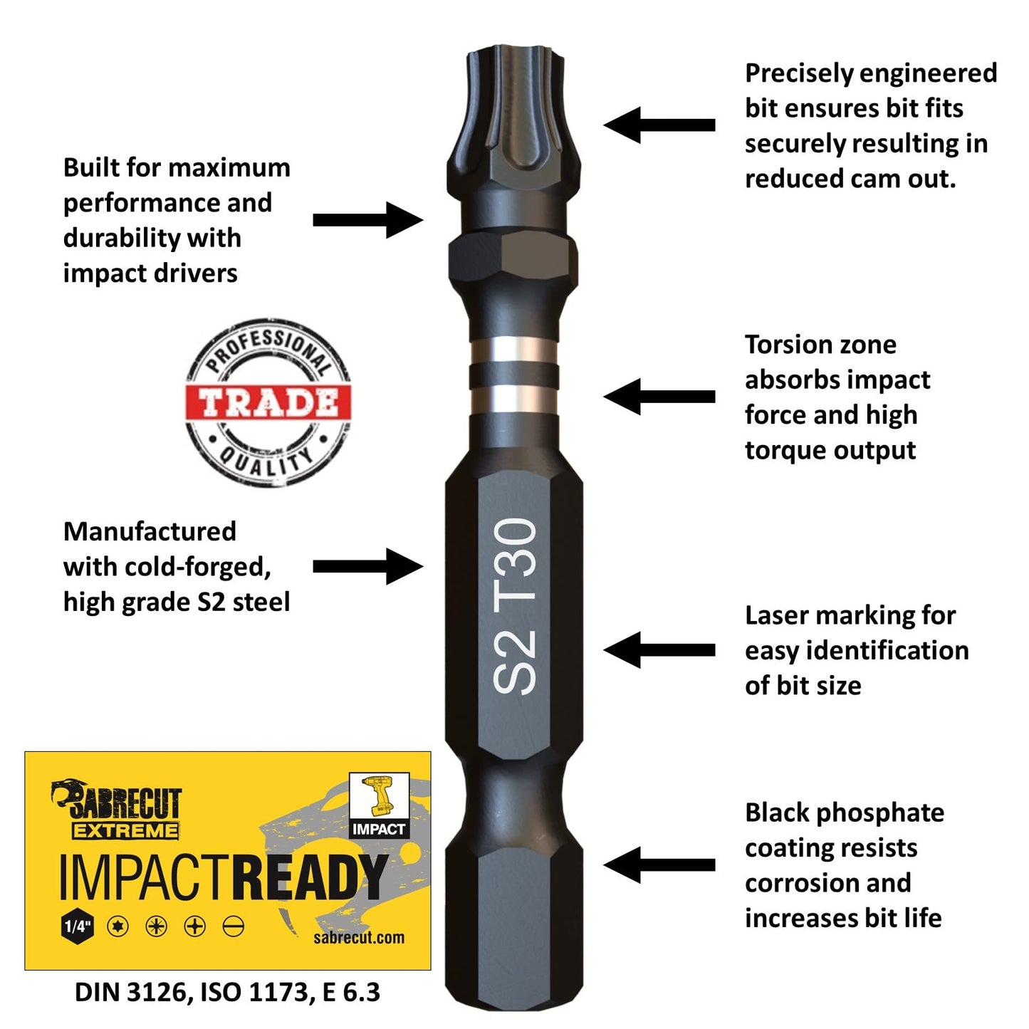 10 x SabreCut SCTX3050_10 50mm TX30 T30 Impact Screwdriver Driver Bits Set Single Ended Torx Heavy Duty Including Storage Box