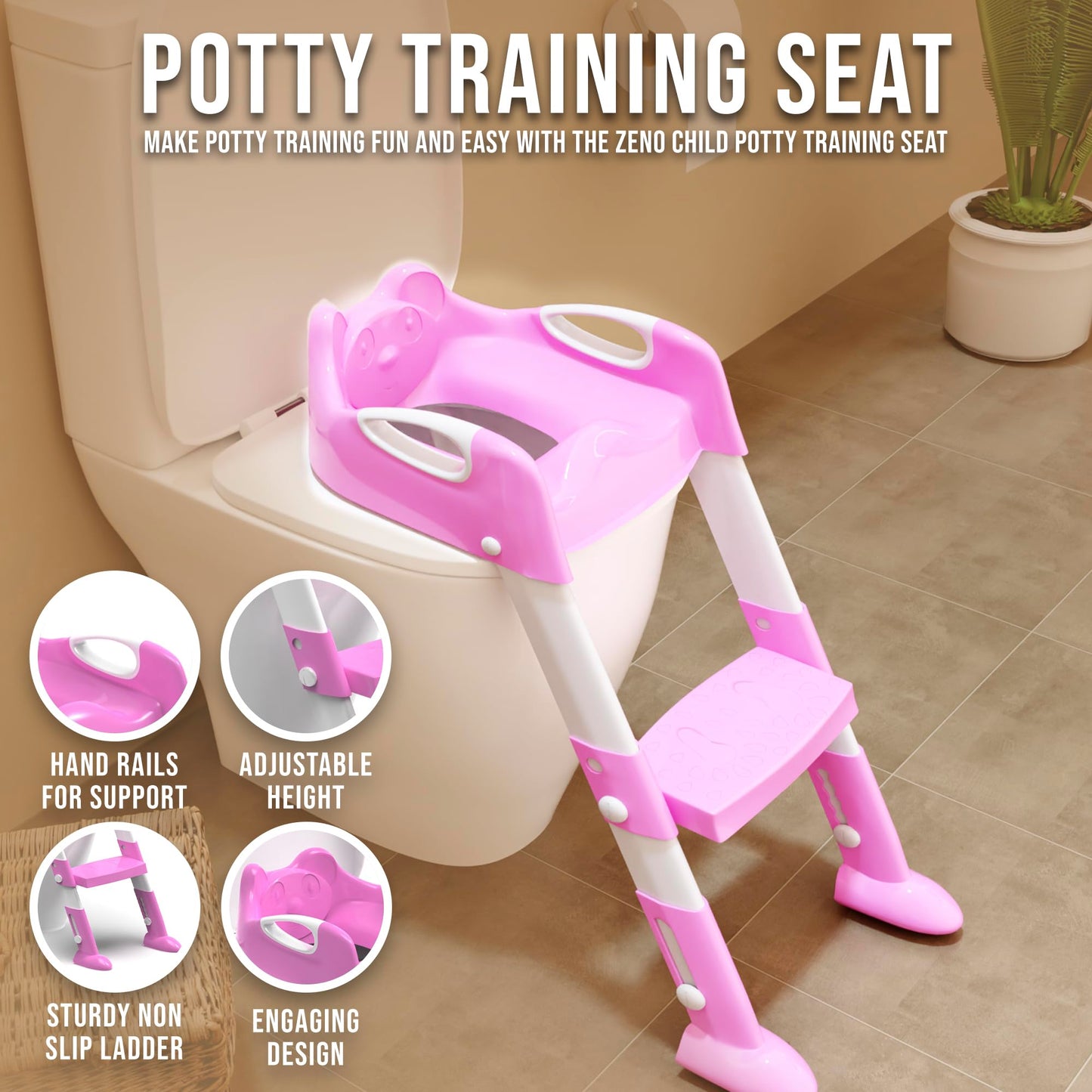 ZENO Potty Training Toilet Seat | Toddler Toilet Seat | Potty Training Seat | Toilet Steps for Toddlers | Kids Toilet Seat | Toilet Training Seats | Non Slip & Comfortable | Foldable Design | Pink