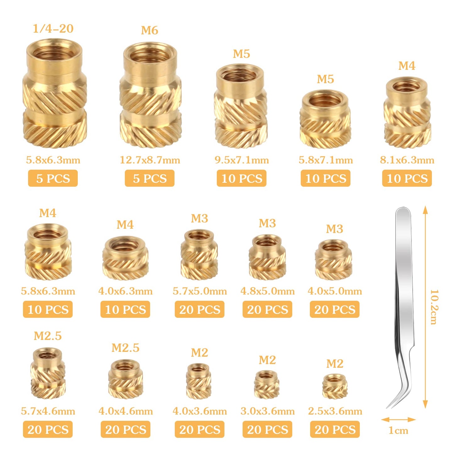 221PCS Thread Knurled Brass Nuts, M2 M2.5 M3 M4 M5 M6 Insert Embedment Nuts Assortment Kit Female Knurled Threaded Insert Nuts for 3D Printing(6 Specifications)